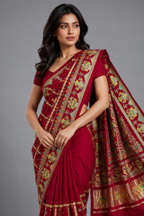 Maroon Gaji Silk Traditional Checks Gharchola Saree with Embroidery