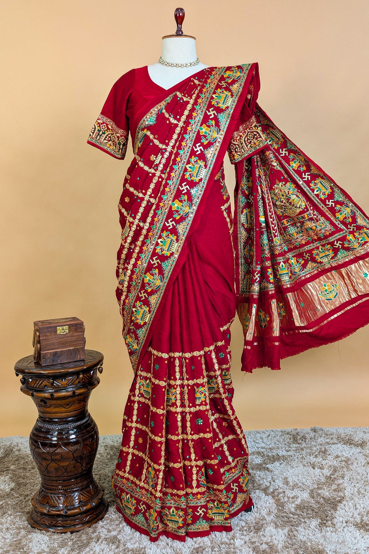 Maroon Gaji Silk Traditional Checks Gharchola Saree with Embroidery