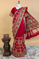 Maroon Gaji Silk Traditional Checks Gharchola Saree with Embroidery