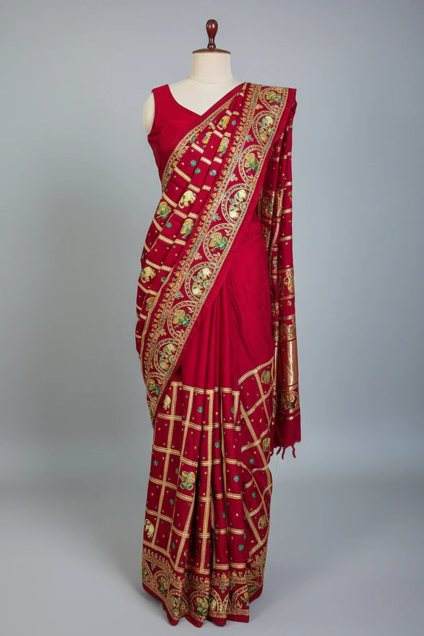 Maroon Gaji Silk Traditional Checks Gharchola Saree