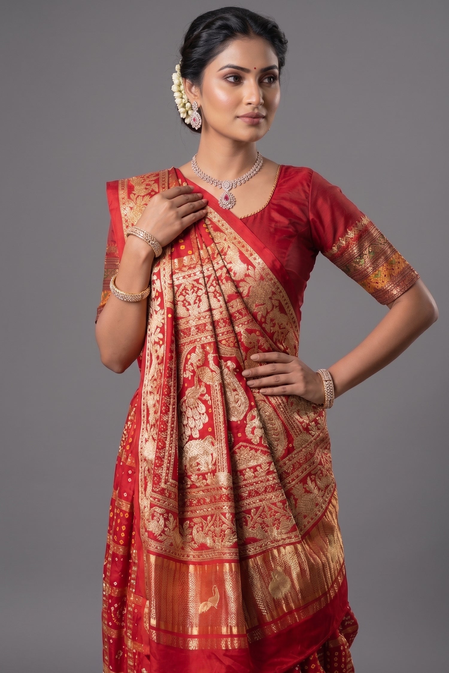 Maroon Gaji Silk Traditional Gharchola Saree with Embroidery Secondary image