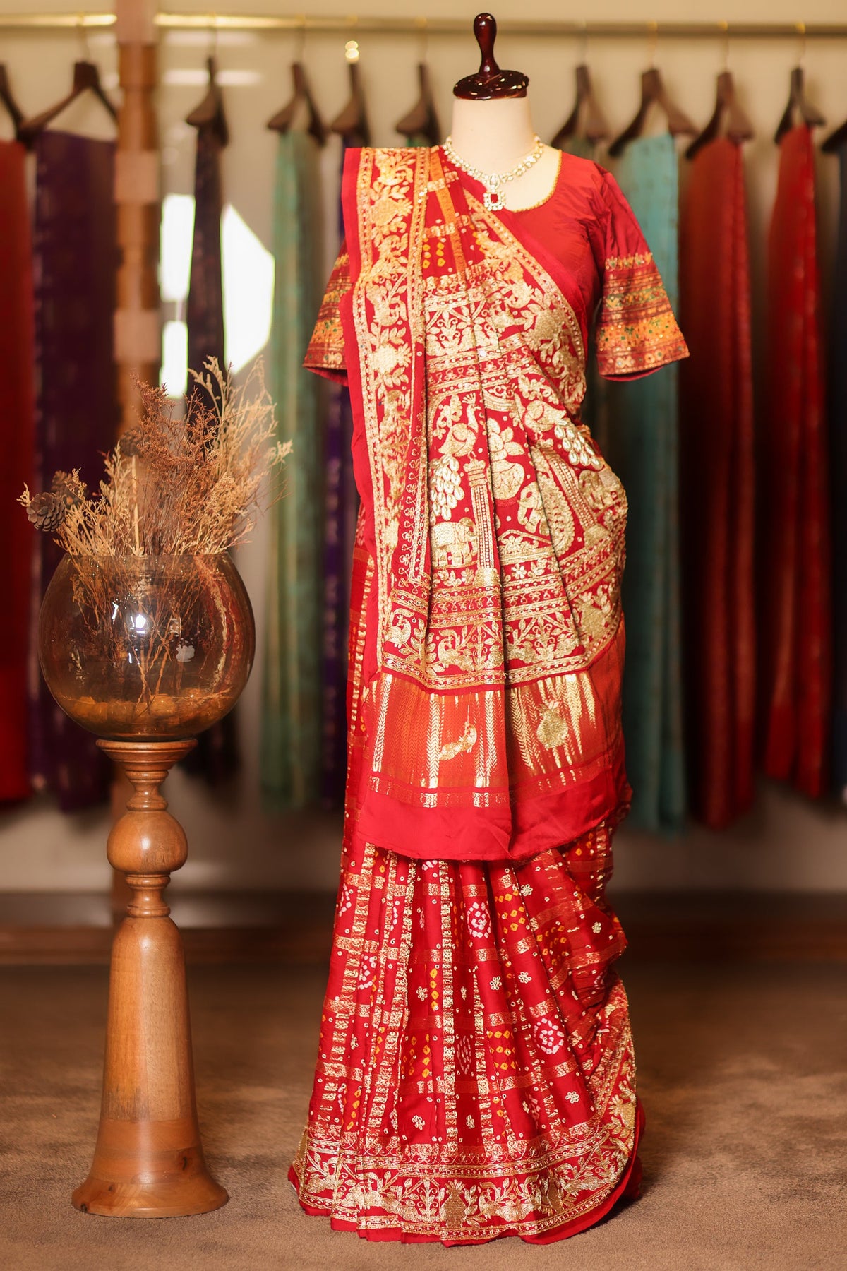 Maroon Gaji Silk Traditional Gharchola Saree with Embroidery