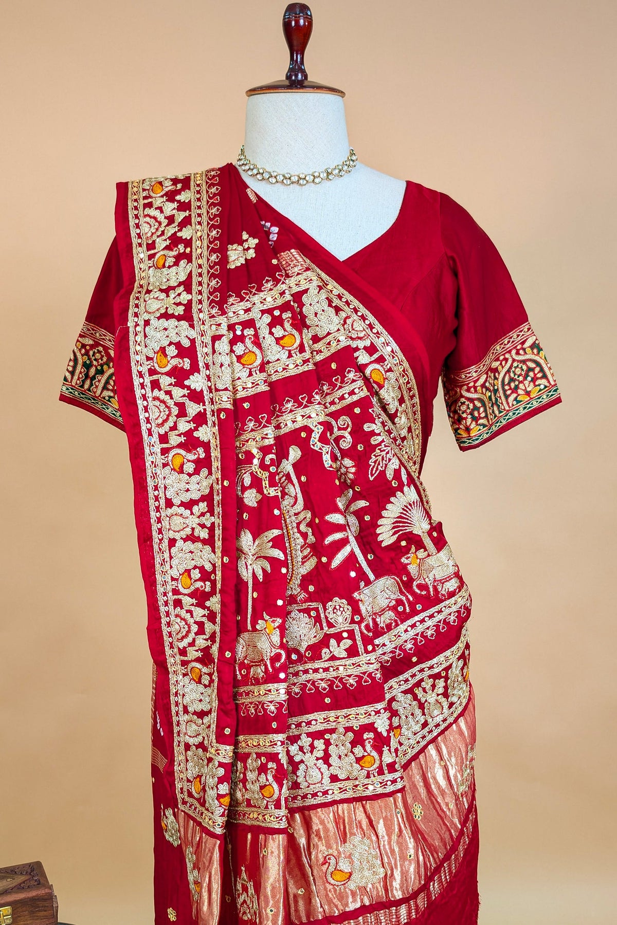 Maroon Gaji Silk Traditional Bandhej Checks Gharchola Saree with Embroidery and Peacock Motif