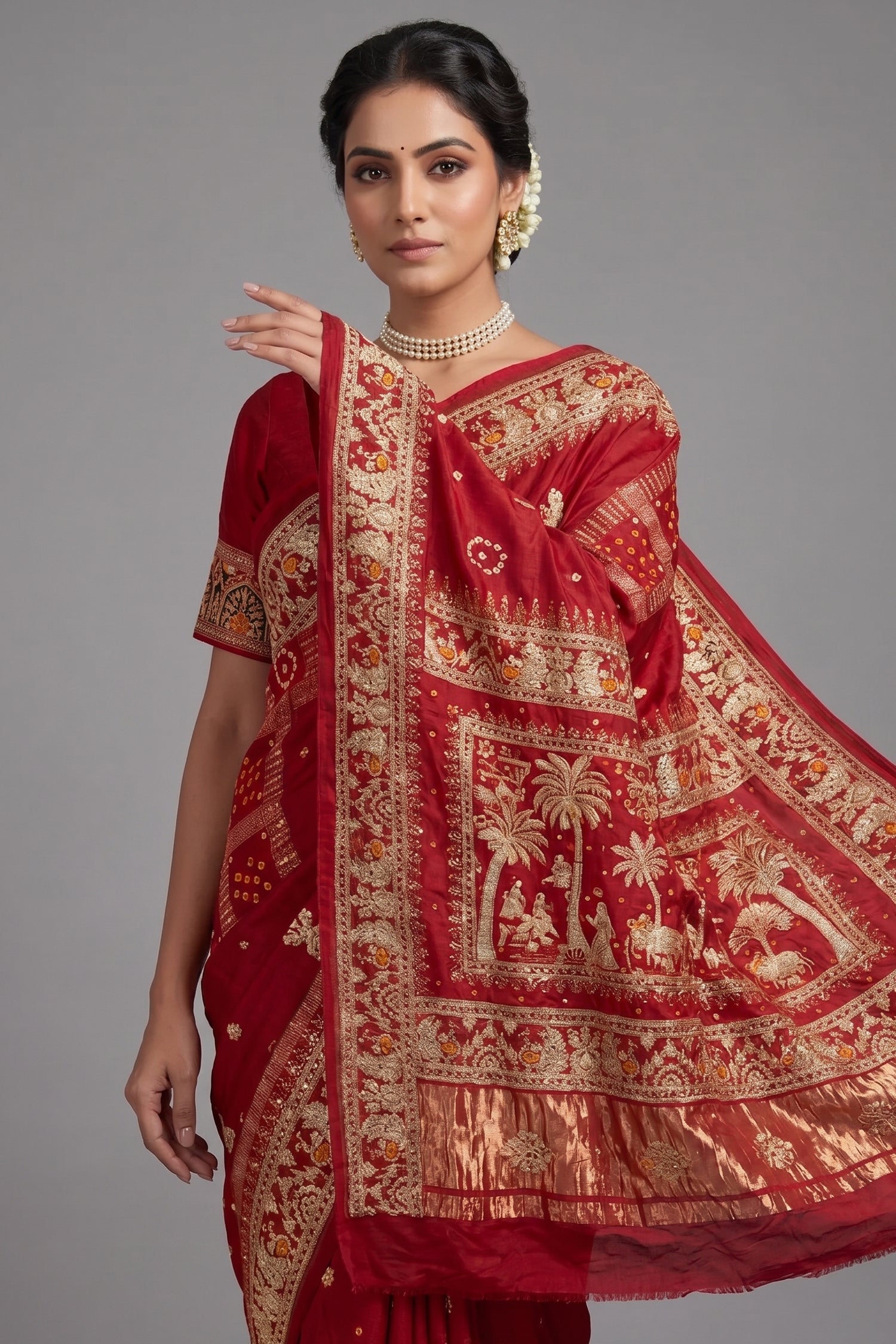 Maroon Gaji Silk Traditional Bandhej Checks Gharchola Saree with Embroidery and Peacock Motif Secondary image