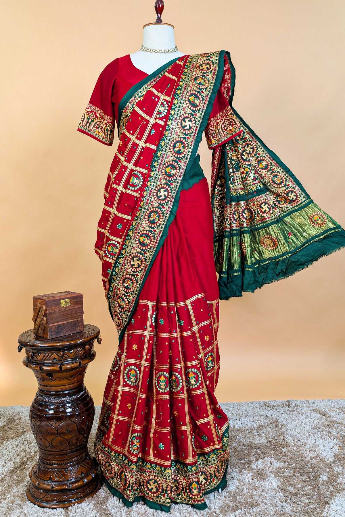 Maroon Gaji Silk Swastik Motif Traditional Gharchola Saree with Embroidery