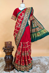 Maroon Gaji Silk Swastik Motif Traditional Gharchola Saree with Embroidery