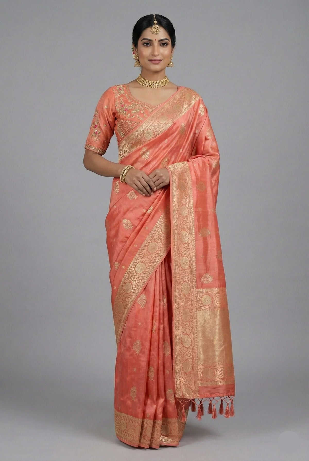 Peach Tissue Silk Woven Saree with Handwork Ready-made Blouse