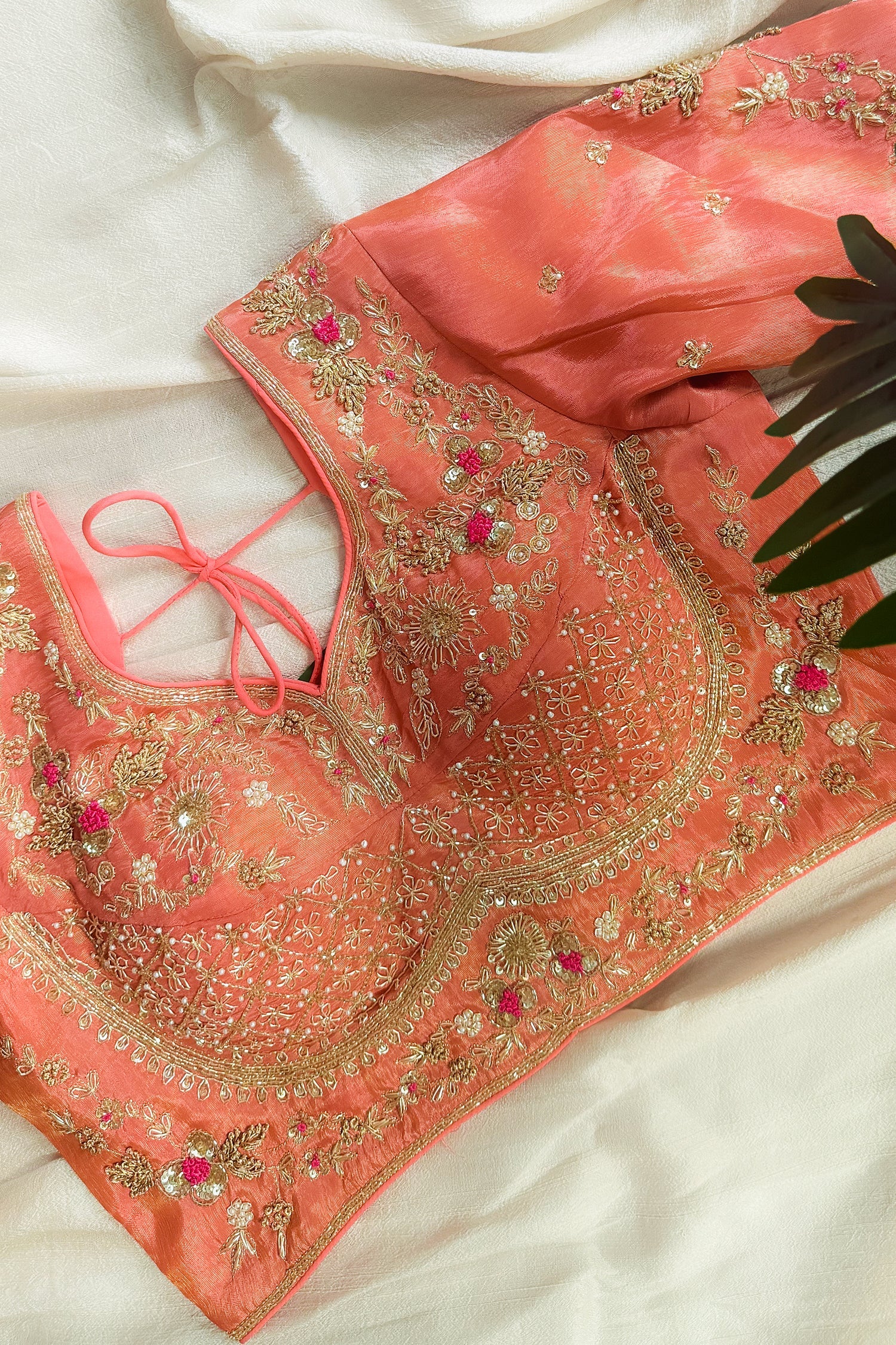 Peach Tissue Silk Woven Saree with Handwork Readymade Blouse