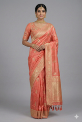 Peach Tissue Silk Woven Saree with Handwork Readymade Blouse