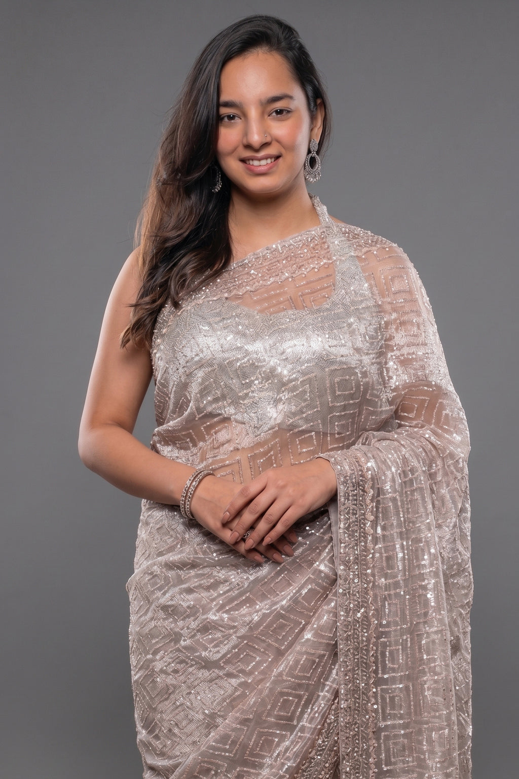 Peach Tissue Organza Sequin Cutdana Worked Designer Saree