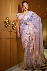 Light Pink and Purple Ombre Net Sequin Beaded Saree