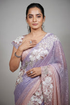 Light Pink and Purple Ombre Net Sequin Beaded Saree