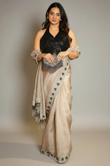 Taupe Organza Cutdana Beaded Saree with Heltar Neck Blouse