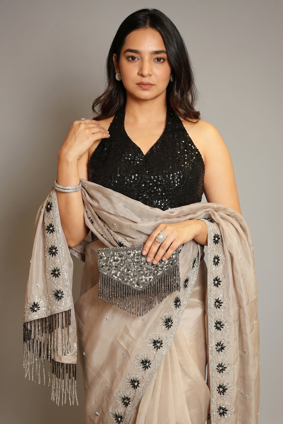 Taupe Organza Cutdana Beaded Saree with Heltar Neck Blouse