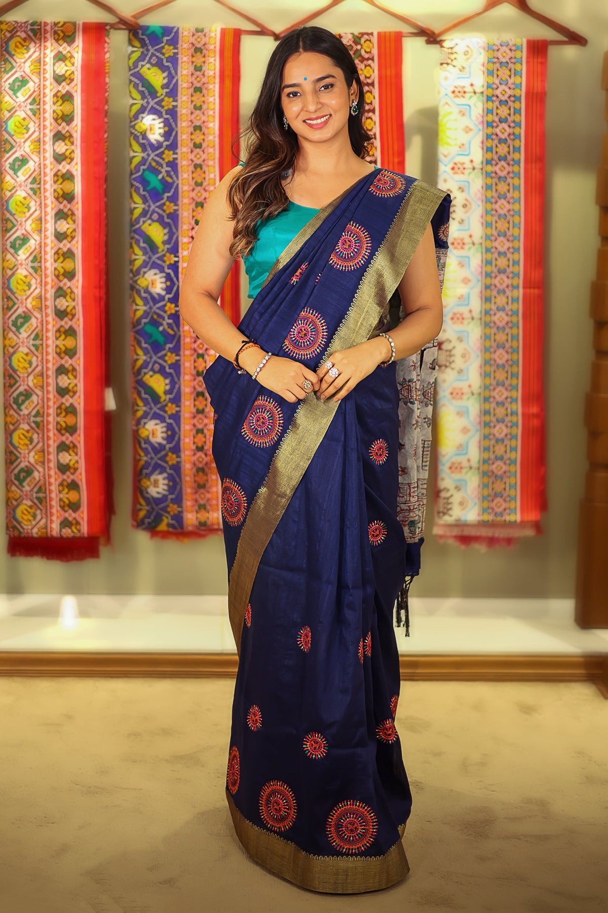 Navy Blue Cotton Silk Warli Thread Embroidered Saree
