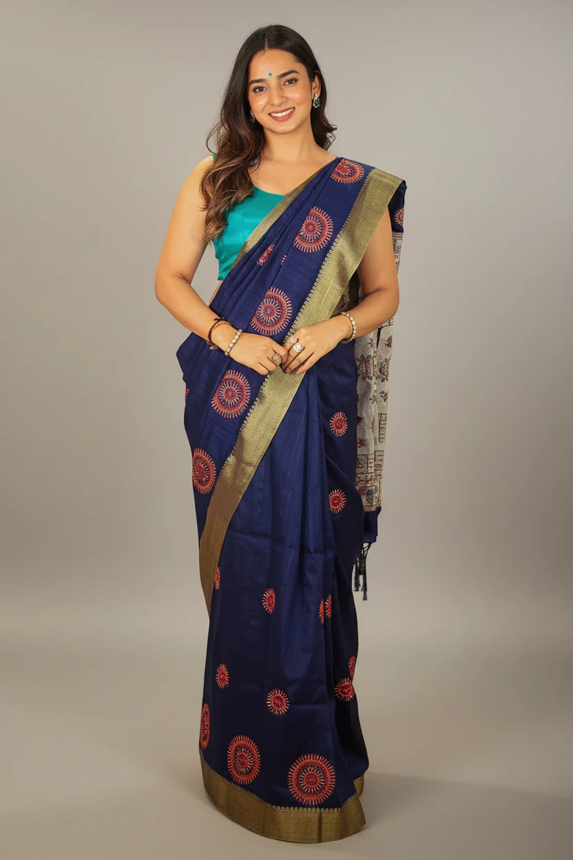 Navy Blue Cotton Silk Warli Thread Embroidered Saree