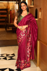 Wine Purple Cotton Silk Floral Thread Embroidered Saree