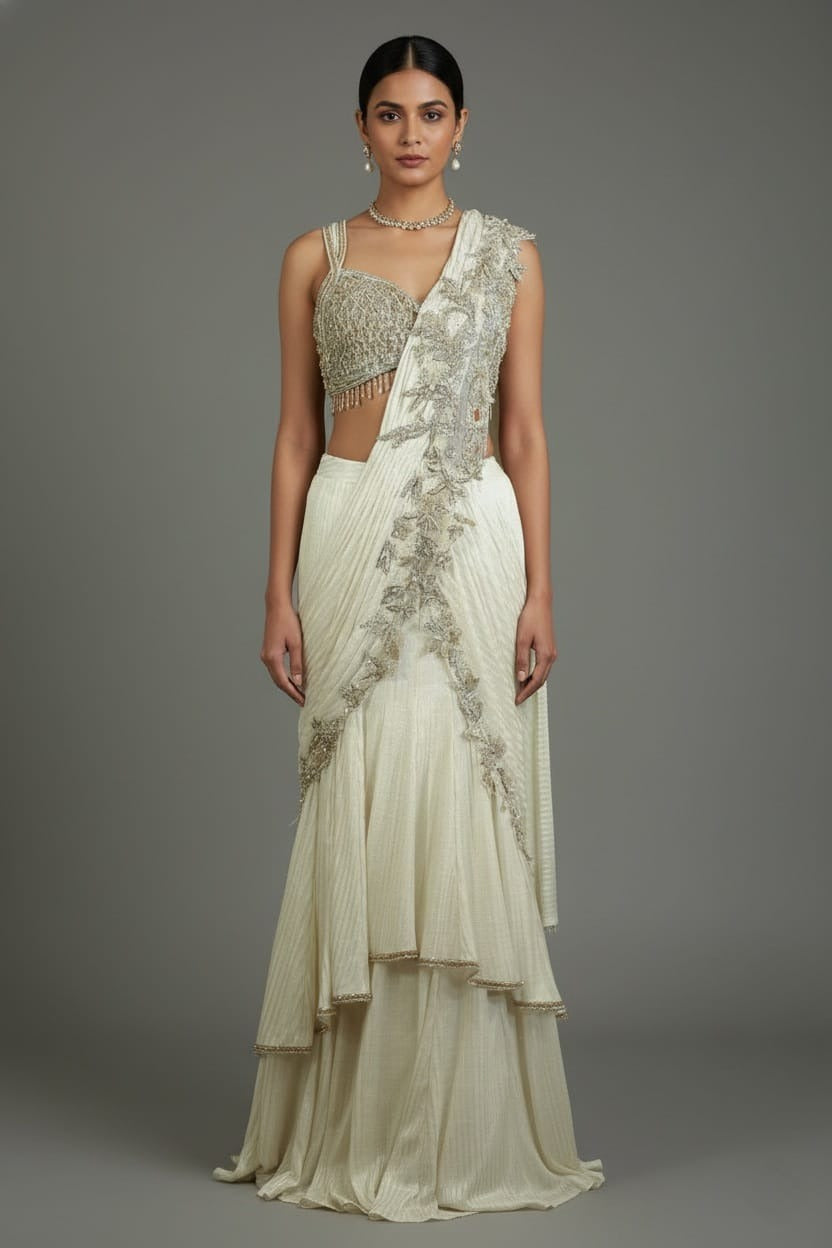 Pearl White Imported Layered Fish Cut Pre Draped Lehenga Saree