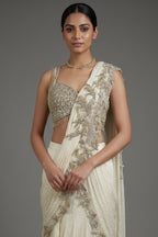 Pearl White Imported Layered Fish Cut Pre Draped Lehenga Saree