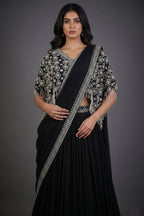 Black Chinon Silk Pre Drape Lehenga Saree with Sequin Cutdana Worked Poncho Cape