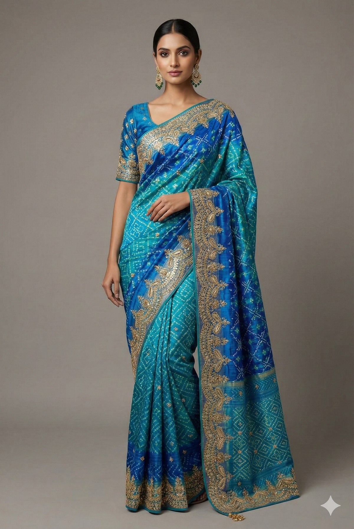 Turquoise Blue Silk Patola Saree with Zardosi Sequin Worked Scallop Border