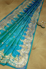 Turquoise Blue Silk Patola Saree with Zardosi Sequin Worked Scallop Border