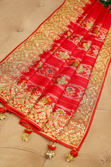Green and Red Silk Traditional Patola Saree with Zardosi and Beads Work