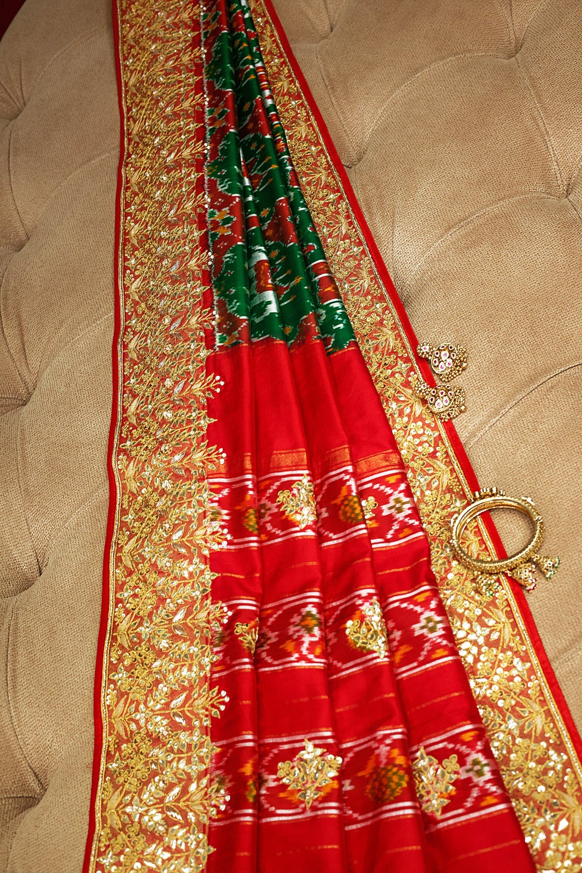 Green and Red Silk Traditional Patola Saree with Zardosi and Beads Work