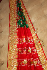 Green and Red Silk Traditional Patola Saree with Zardosi and Beads Work