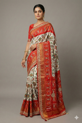 Off White Silk Traditional Patola Saree with Gota Work