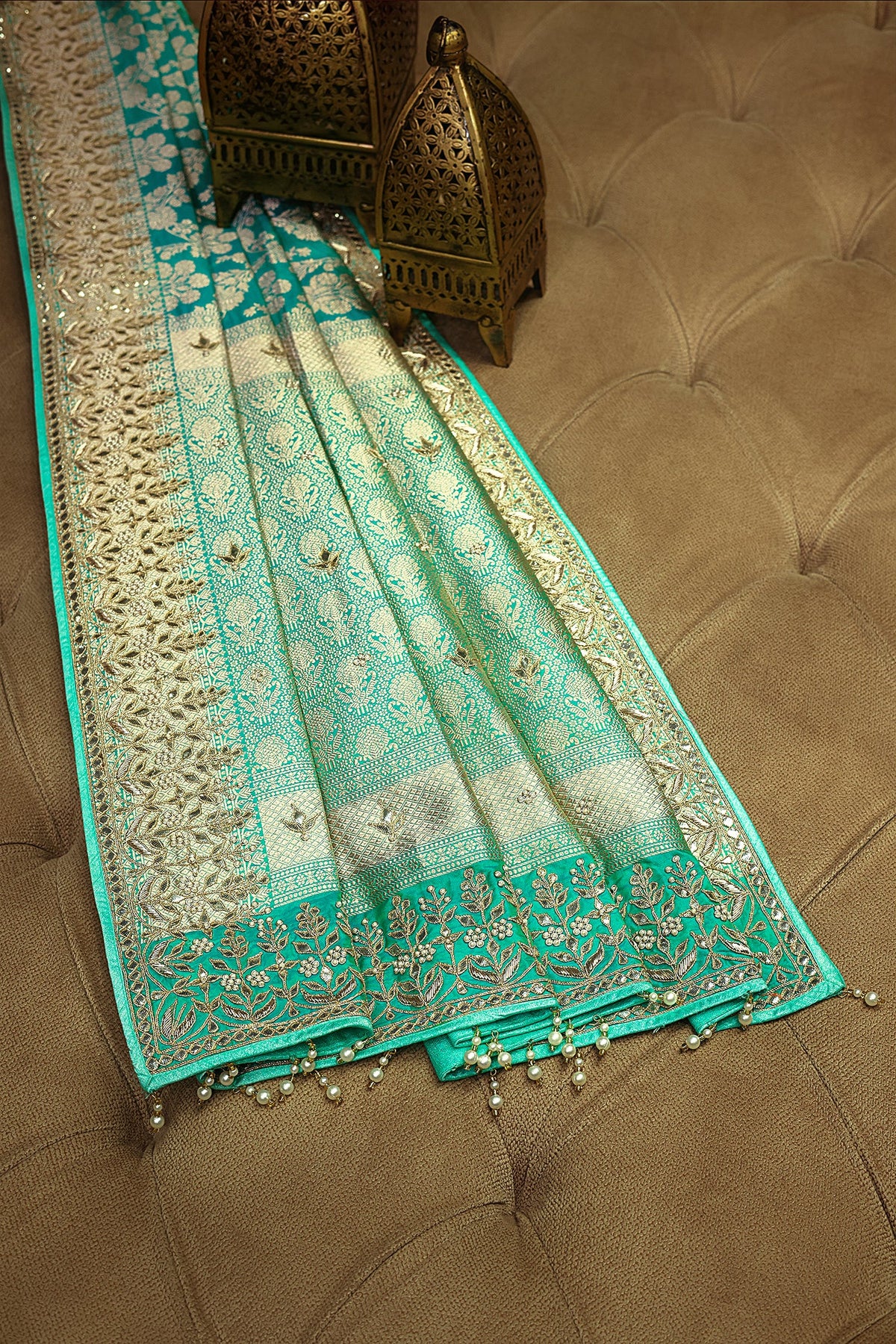 Sea Green Banarasi Silk Traditional Floral Woven Saree with Gota Beads Work
