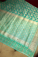 Sea Green Banarasi Silk Traditional Floral Woven Saree with Gota Beads Work