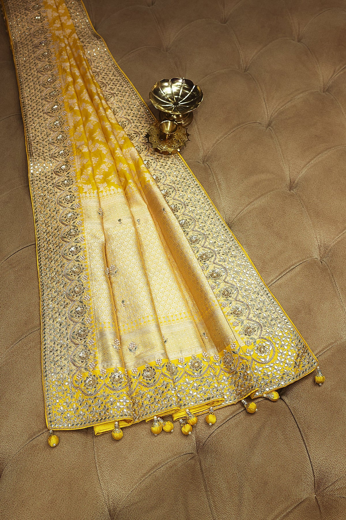Yellow Banarasi Silk Traditional Woven Saree with Zardosi Gota Work
