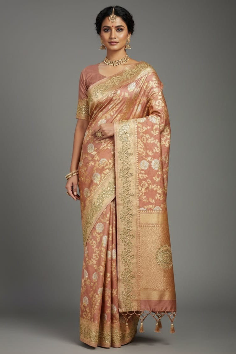 Dusty Peach Banarasi Silk Floral Woven Saree with Gota and Beads Work