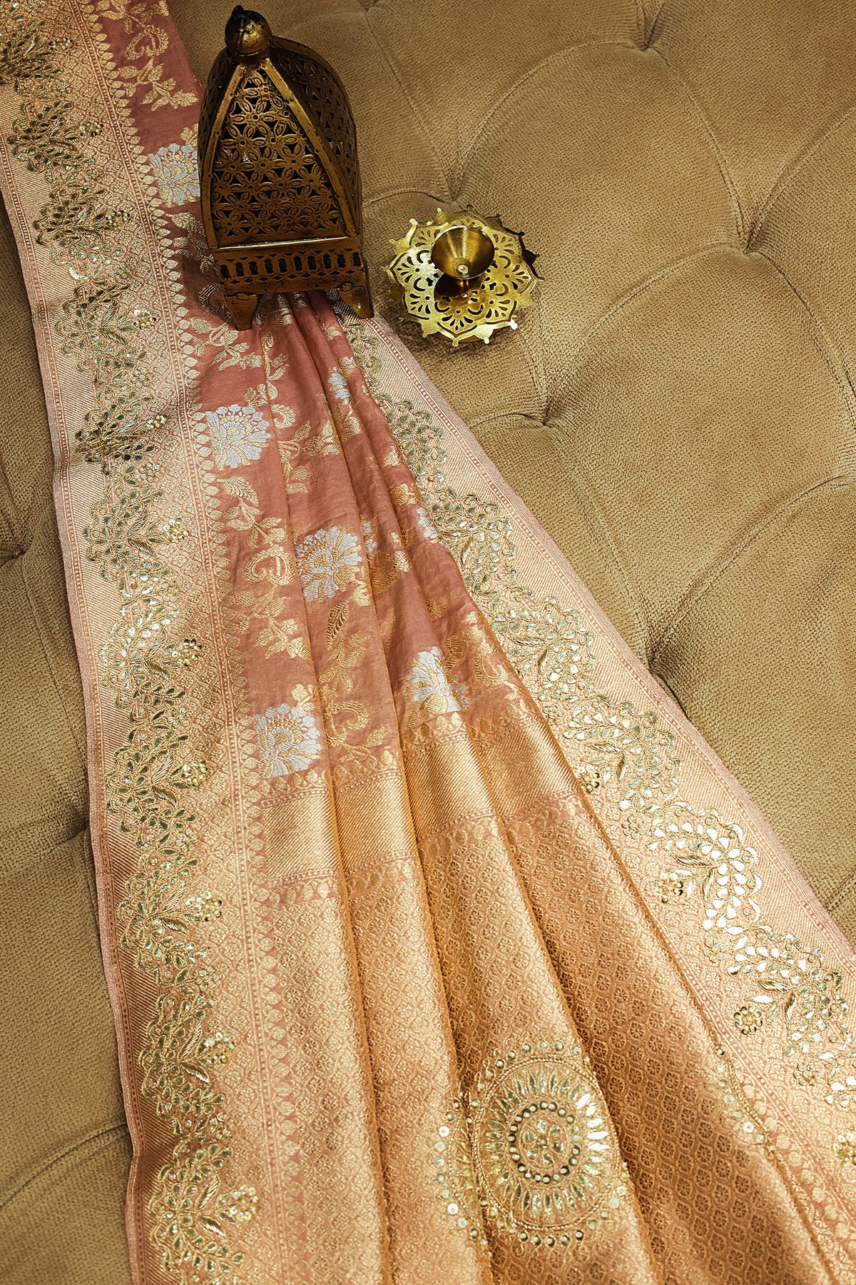 Dusty Peach Banarasi Silk Floral Woven Saree with Gota and Beads Work