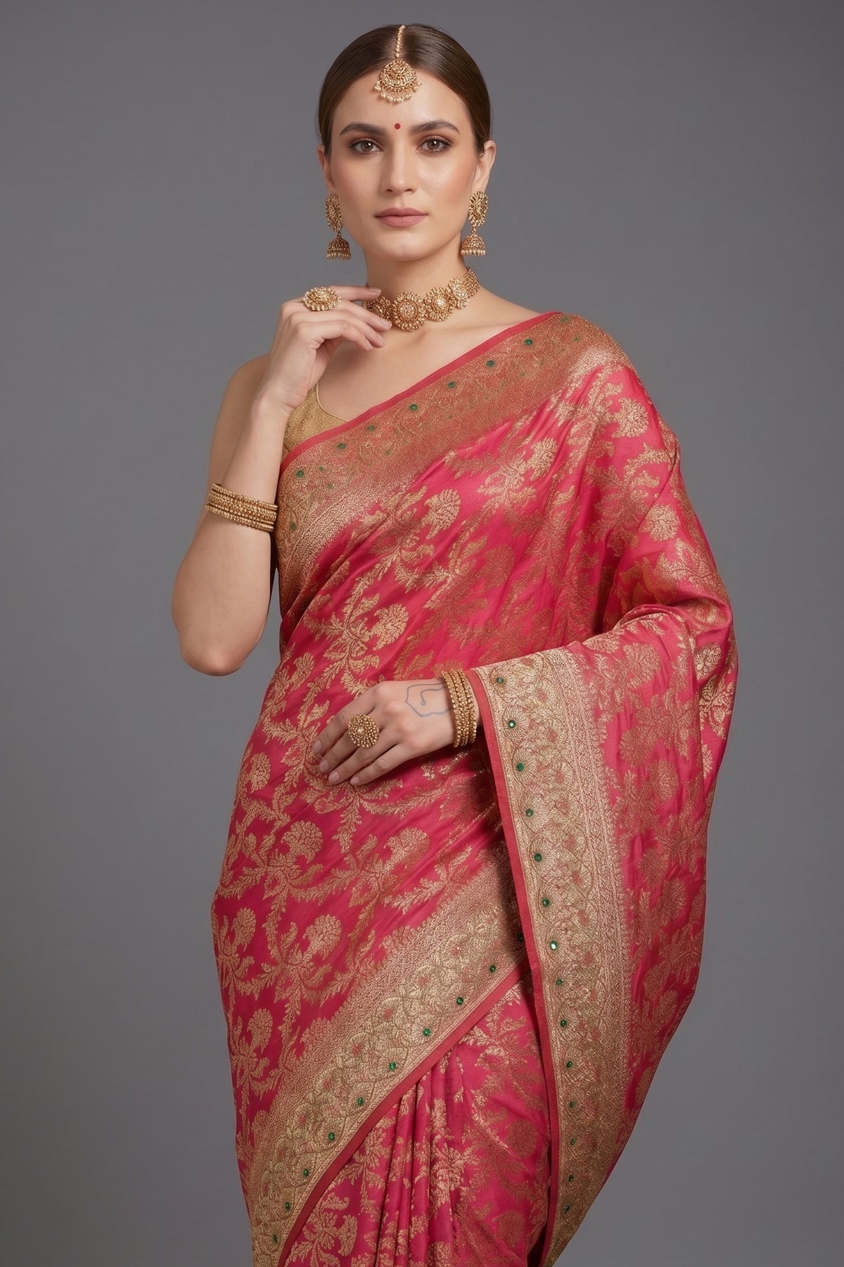 Rani Pink Banarasi Silk All Over Woven Saree with Handwork
