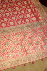 Rose Pink Banarasi Silk Traditional Floral Woven Saree with Beads and Zardosi Work