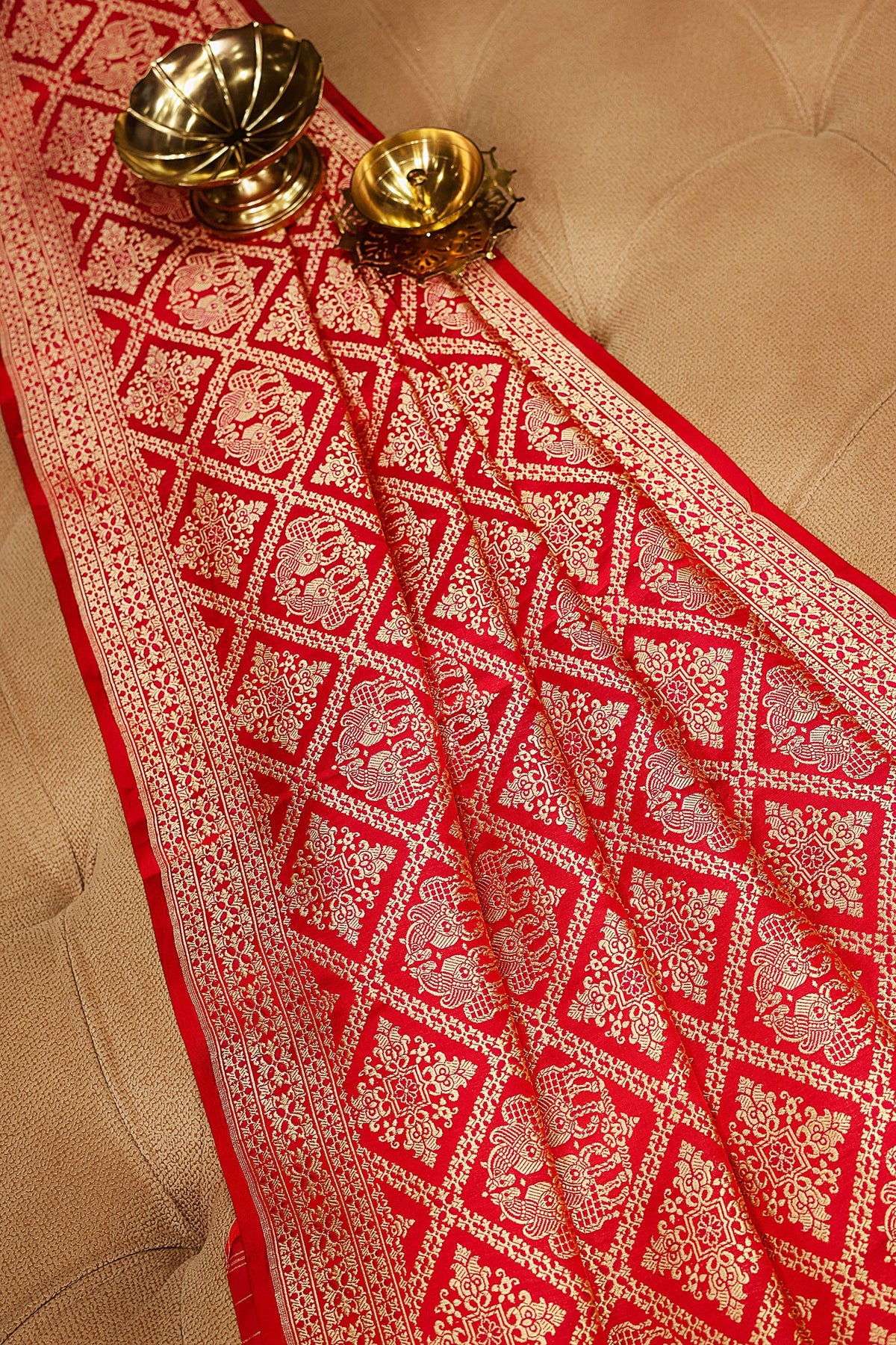Red Banarasi Silk Traditional Checks Woven Saree