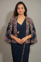 Navy Blue Crepe Silk Readymade Saree with Sequin Beaded Cape Jacket