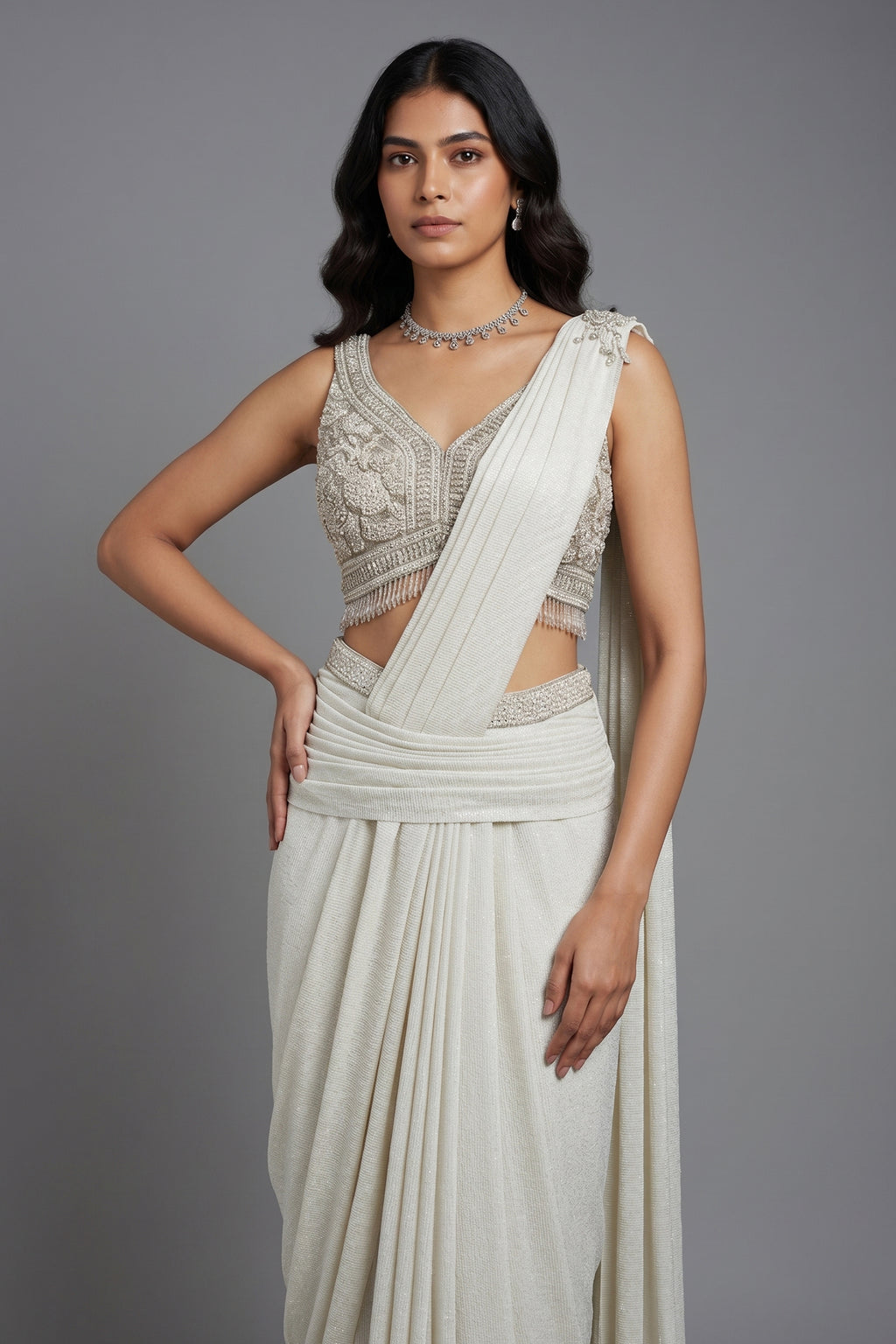 Off White Imported Lycra Readymade Saree with Cutdana and Diamond Work