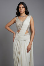 Off White Imported Lycra Readymade Saree with Cutdana and Diamond Work