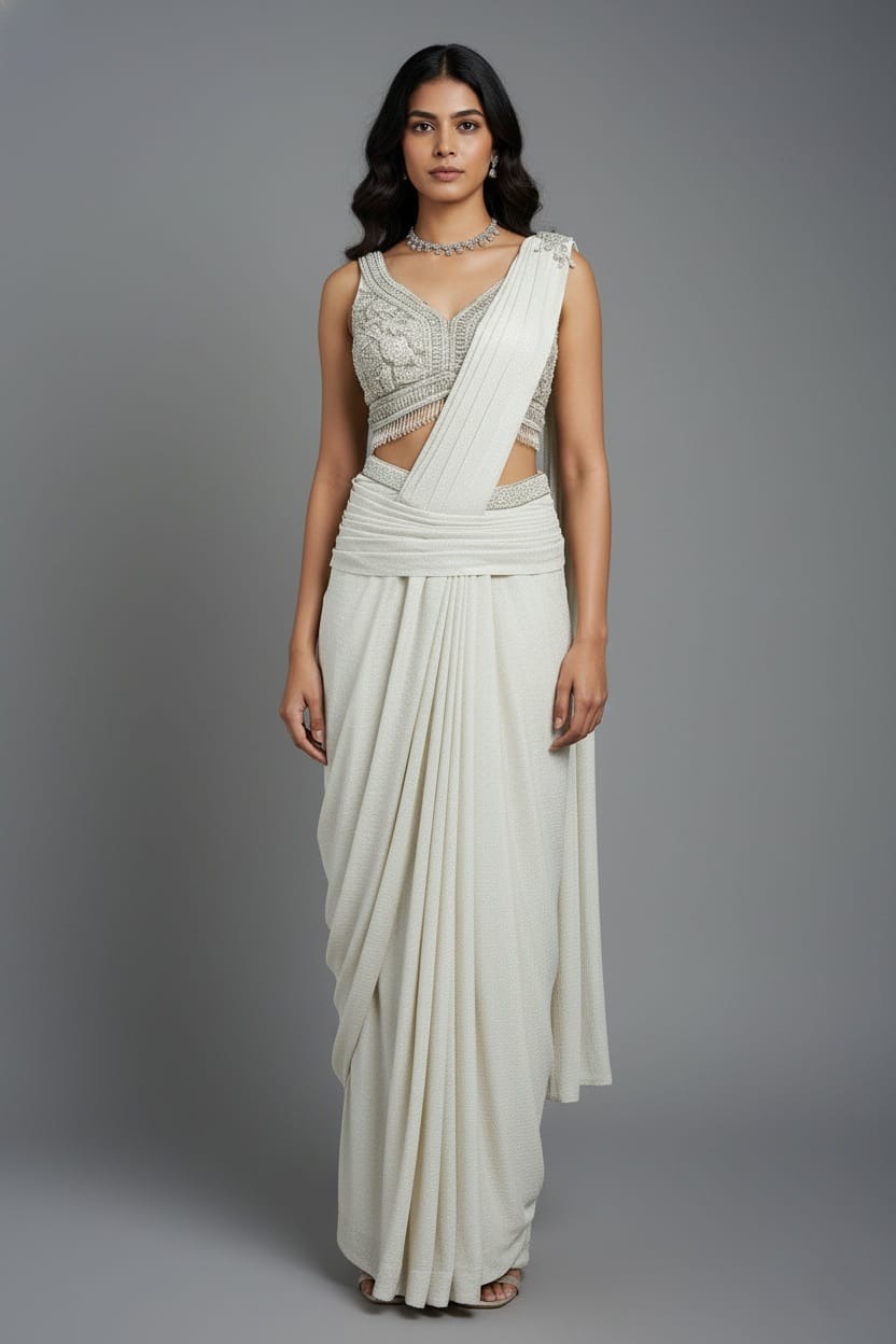 Off White Imported Lycra Ready-made Saree with Cutdana and Diamond Work