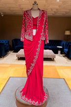 Pink Chiffon Chinon Zardosi and Cutdana Worked Ready-made Saree with Jacket