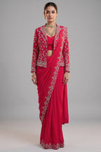 Pink Chiffon Chinon Zardosi and Cutdana Worked Ready-made Saree with Jacket