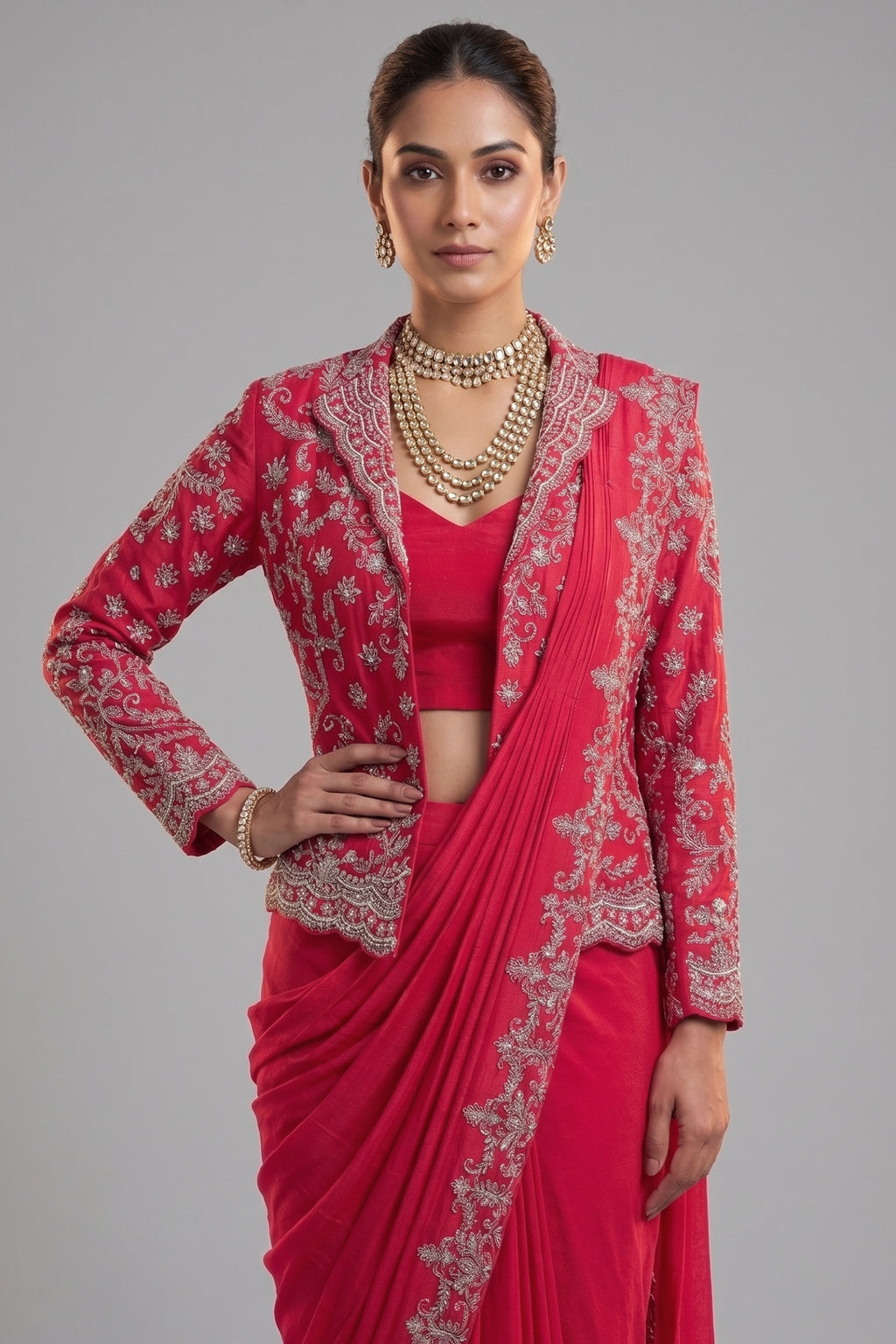 Pink Chiffon Chinon Zardosi and Cutdana Worked Ready-made Saree with Jacket