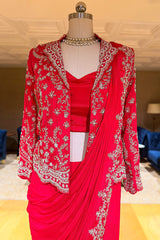 Red Chiffon Chinon Zardosi and Cutdana Worked Readymade Saree with Jacket