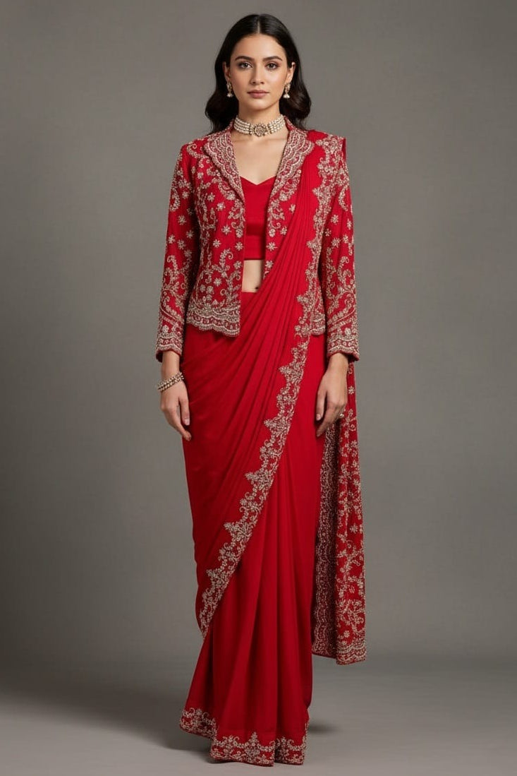 Red Chiffon Chinon Zardosi and Cutdana Worked Readymade Saree with Jacket