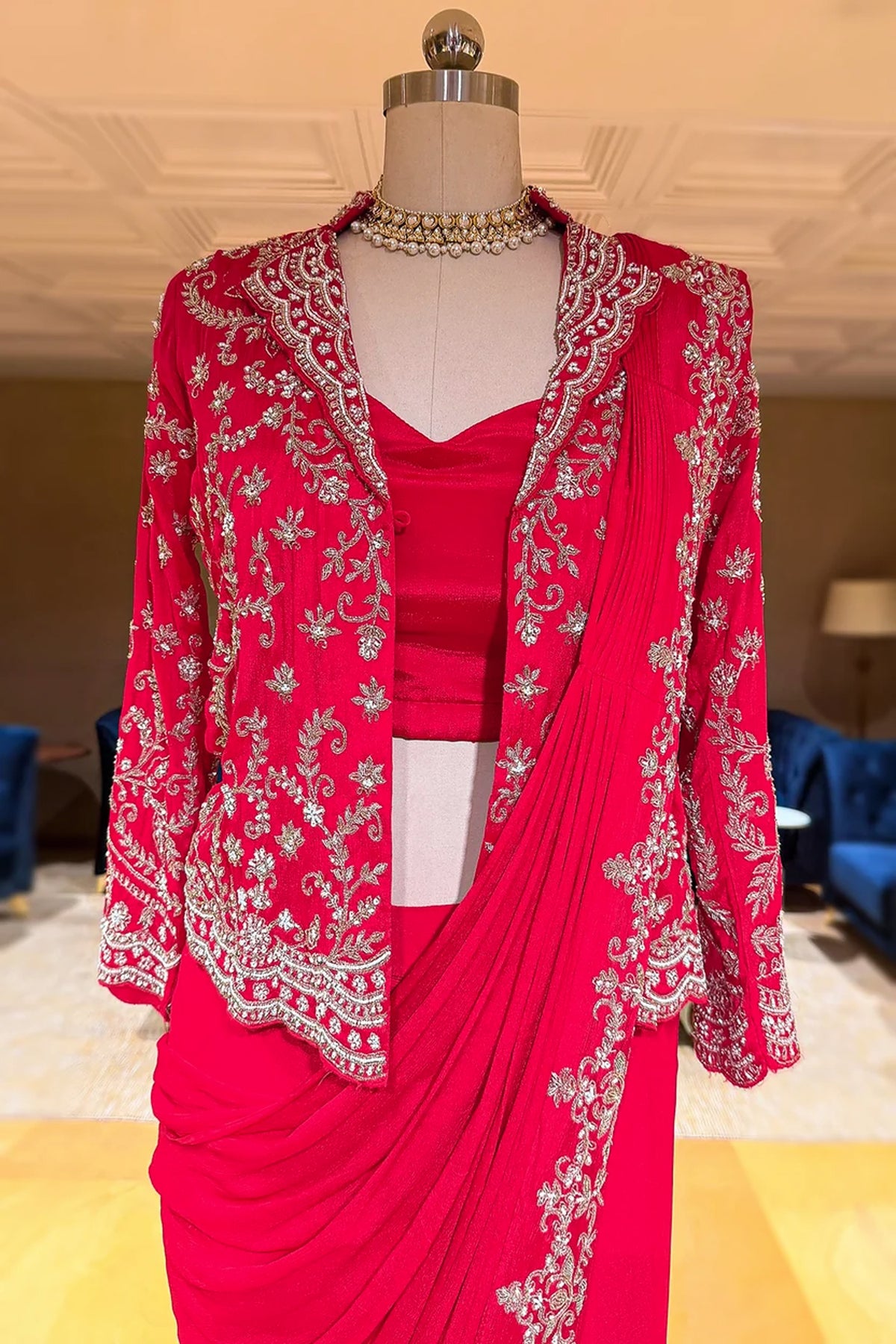 Pink Chiffon Chinon Zardosi and Cutdana Worked Ready-made Saree with Jacket