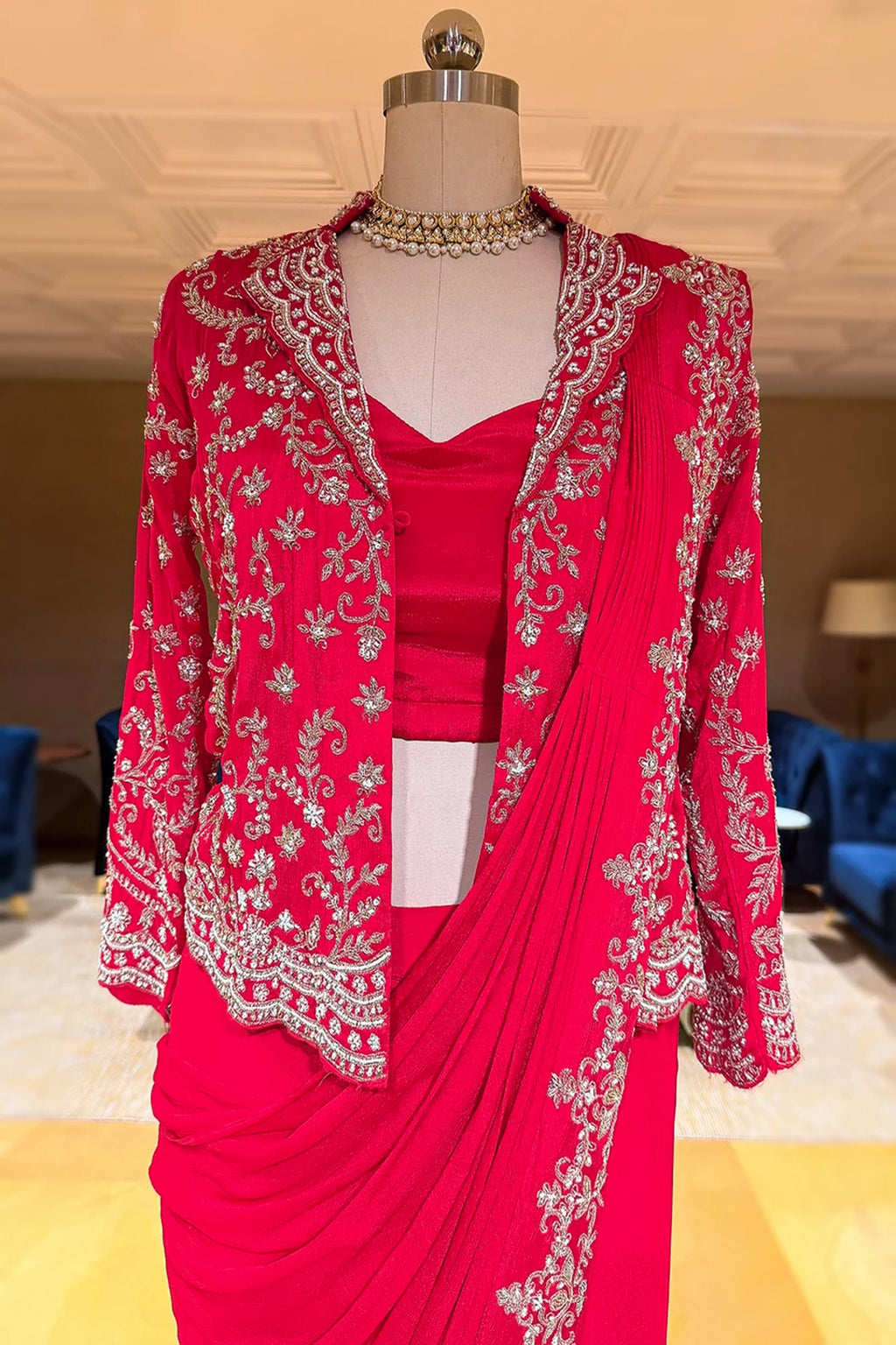 Pink Chiffon Chinon Zardosi and Cutdana Worked Ready-made Saree with Jacket