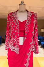 Pink Chiffon Chinon Zardosi and Cutdana Worked Ready-made Saree with Jacket